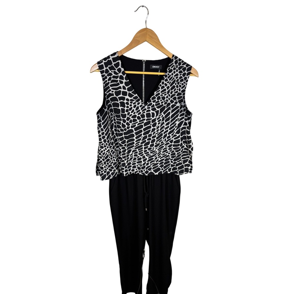DKNY‎ Jumpsuit Womens Black White Animal Print Sleeveless V-Neck Exposed Zipper
